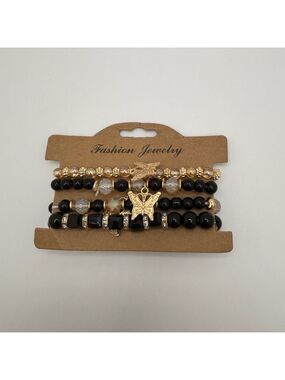 Gold and Black Beaded Bracelet Set